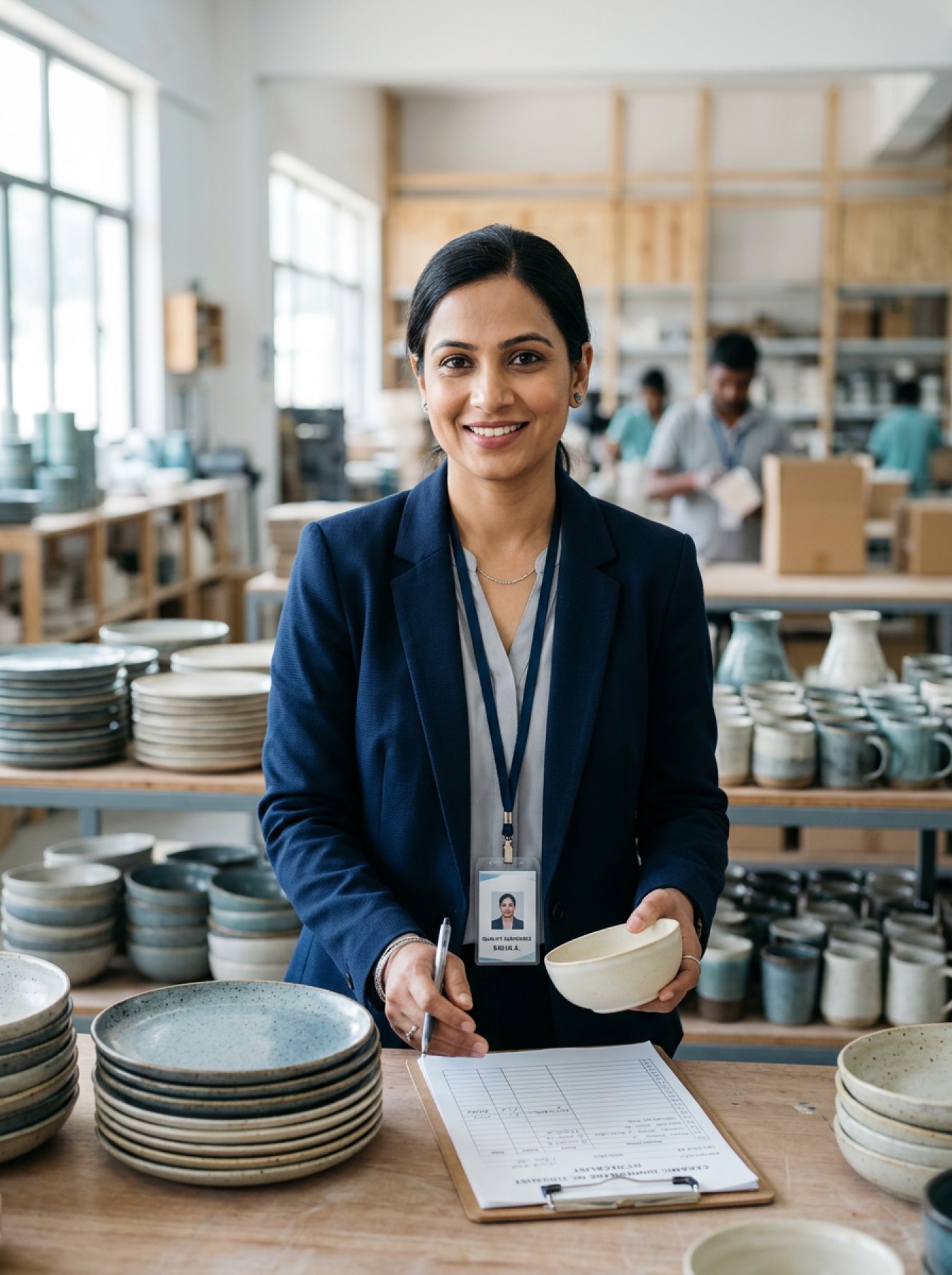 Quality inspector checking handmade ceramic dinnerware
