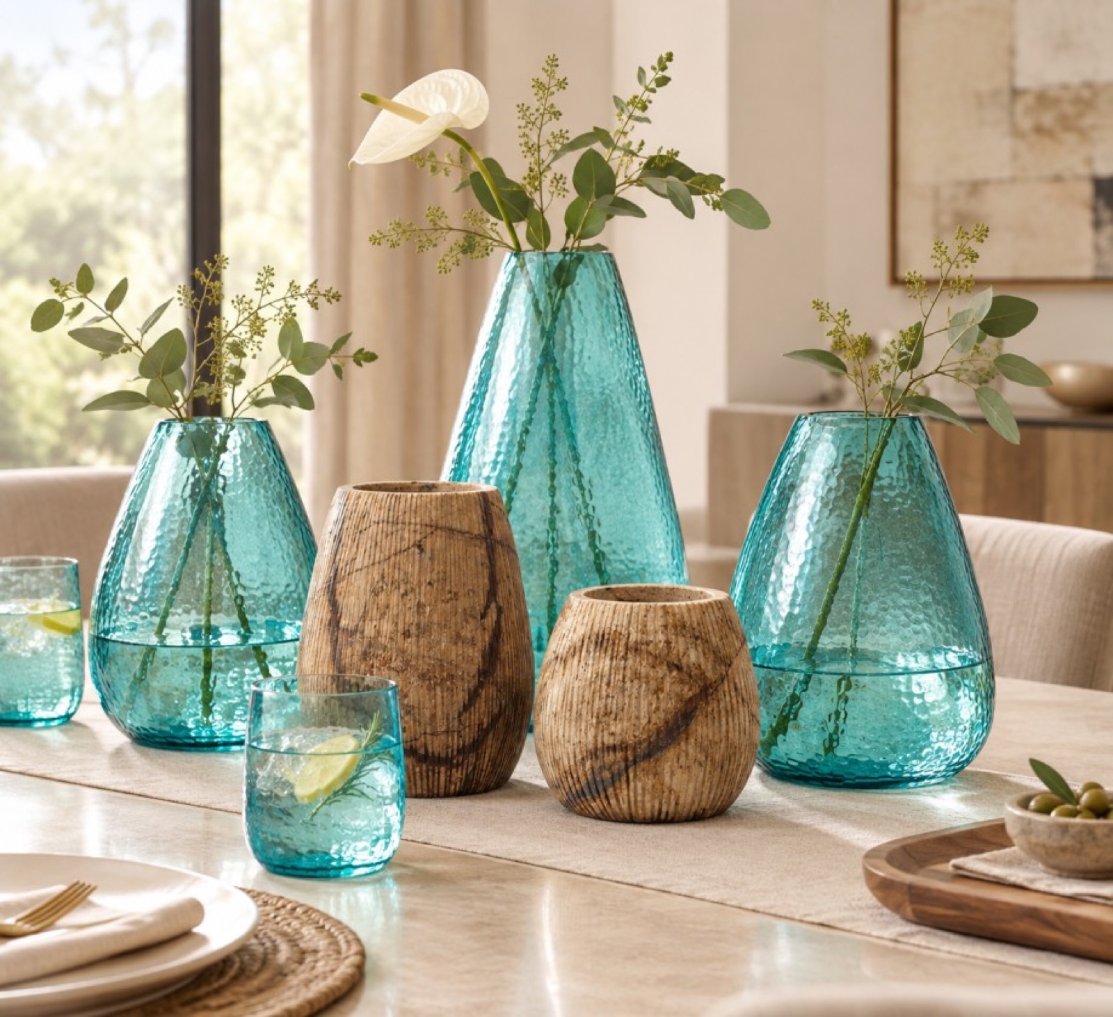 Teal handblown glass vases styled on a dining table