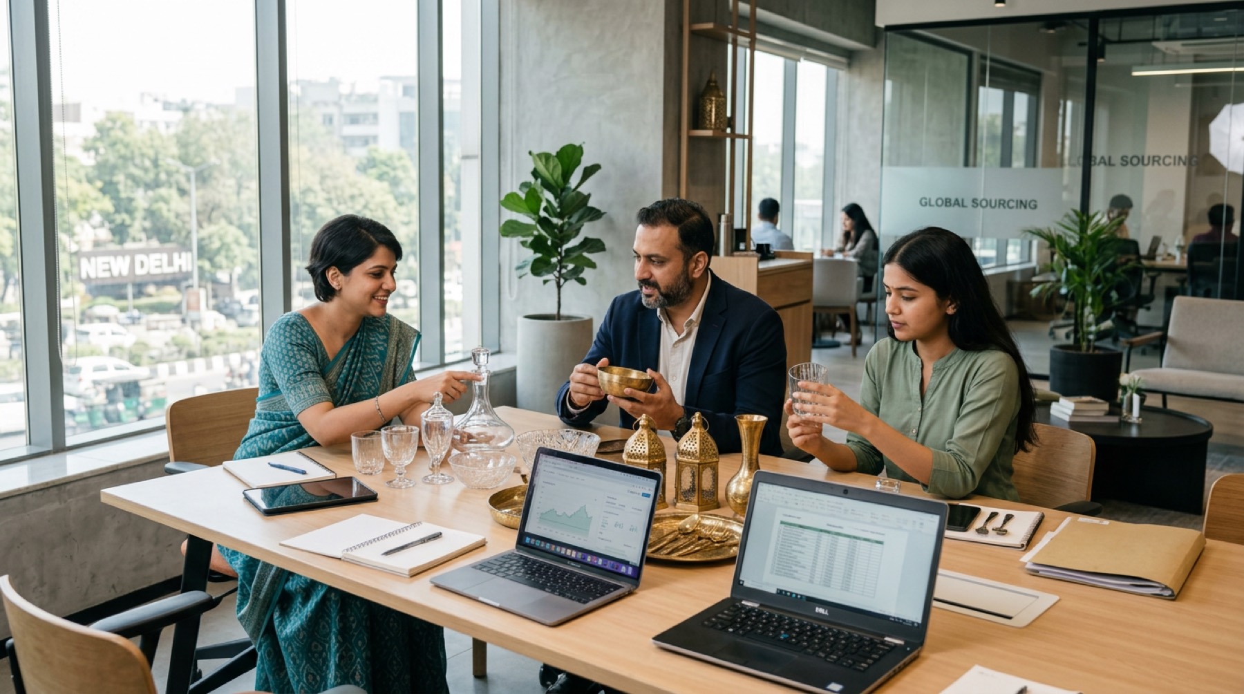 Sourcing team reviewing glassware and brass samples in a New Delhi office