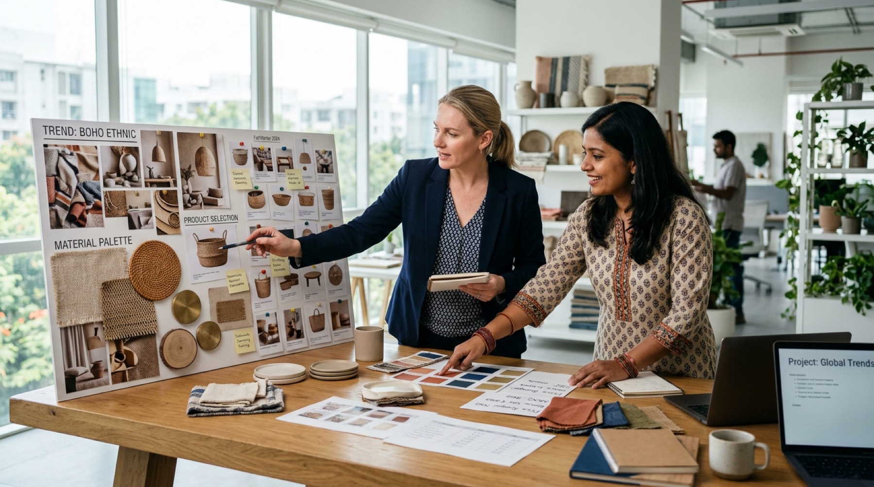 Buyer and merchandiser reviewing a trend board