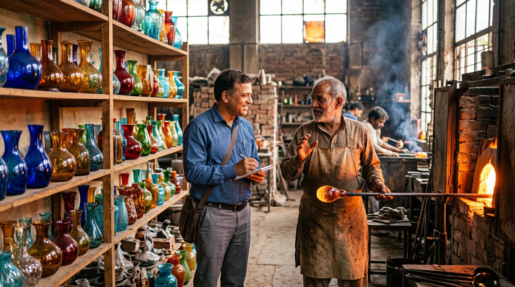 Merchandiser talking with a master glassblower