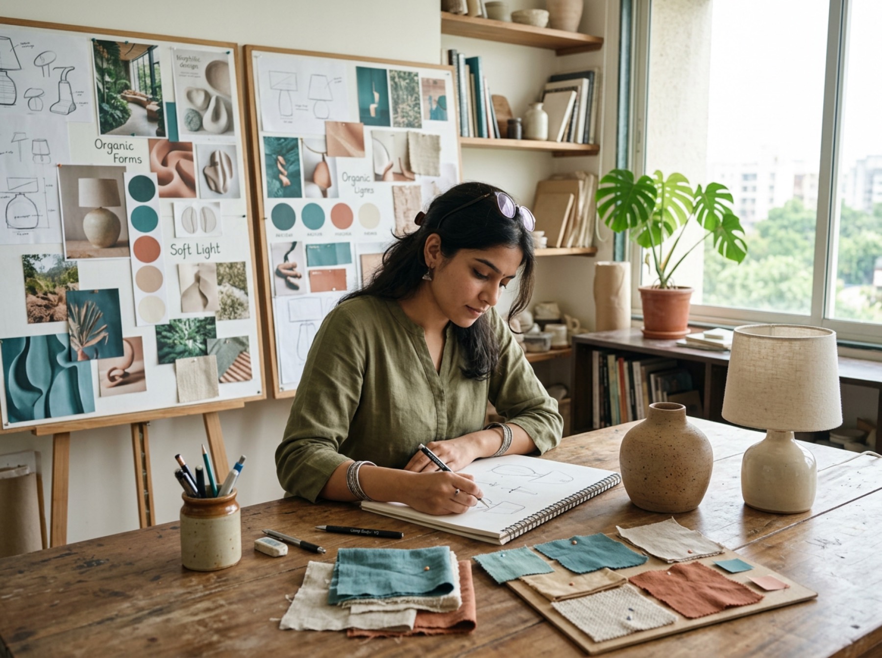 Product designer sketching a lamp beside mood boards
