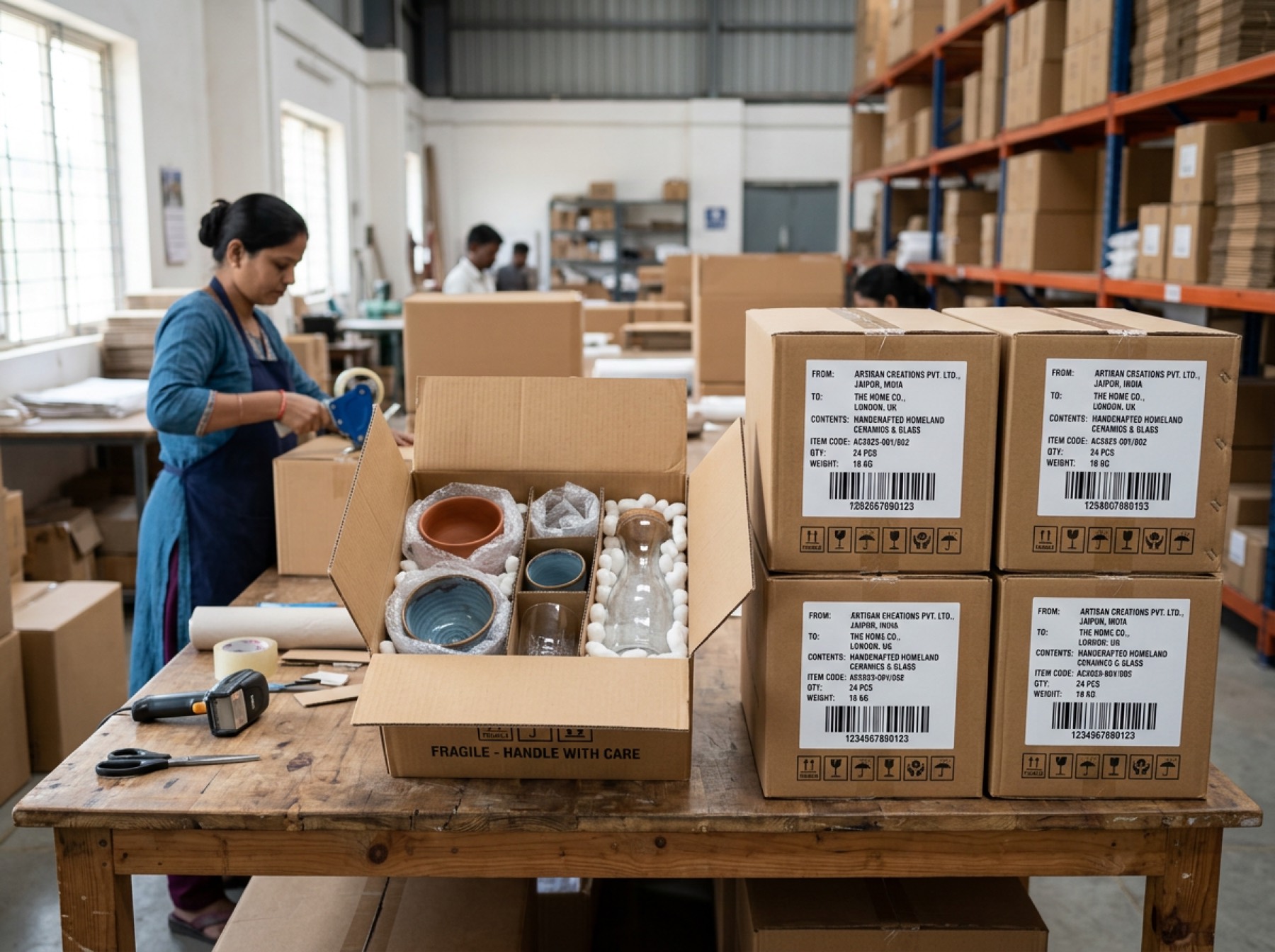 Packed export cartons with printed labels