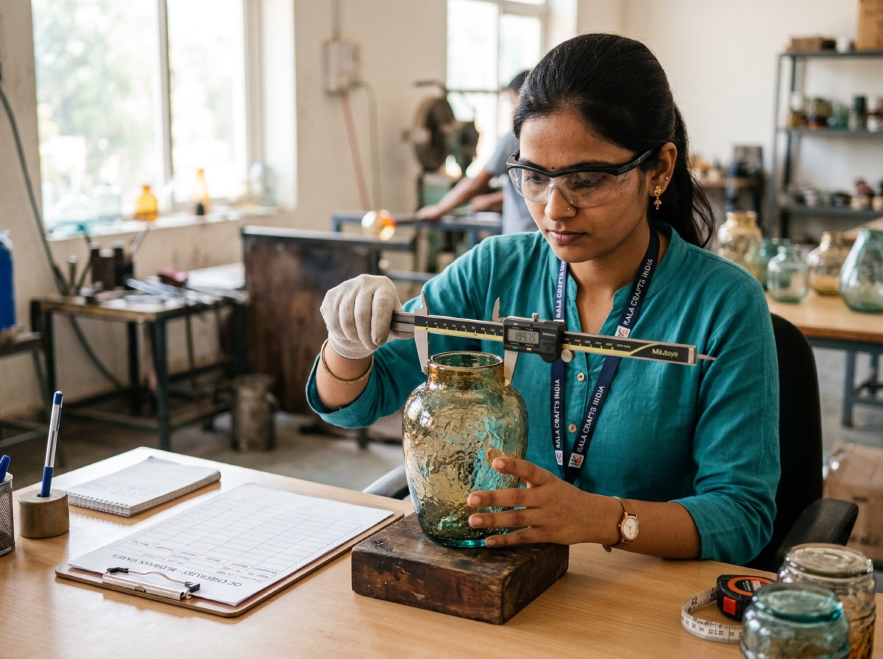 Inspector measuring a glass vase with a caliper