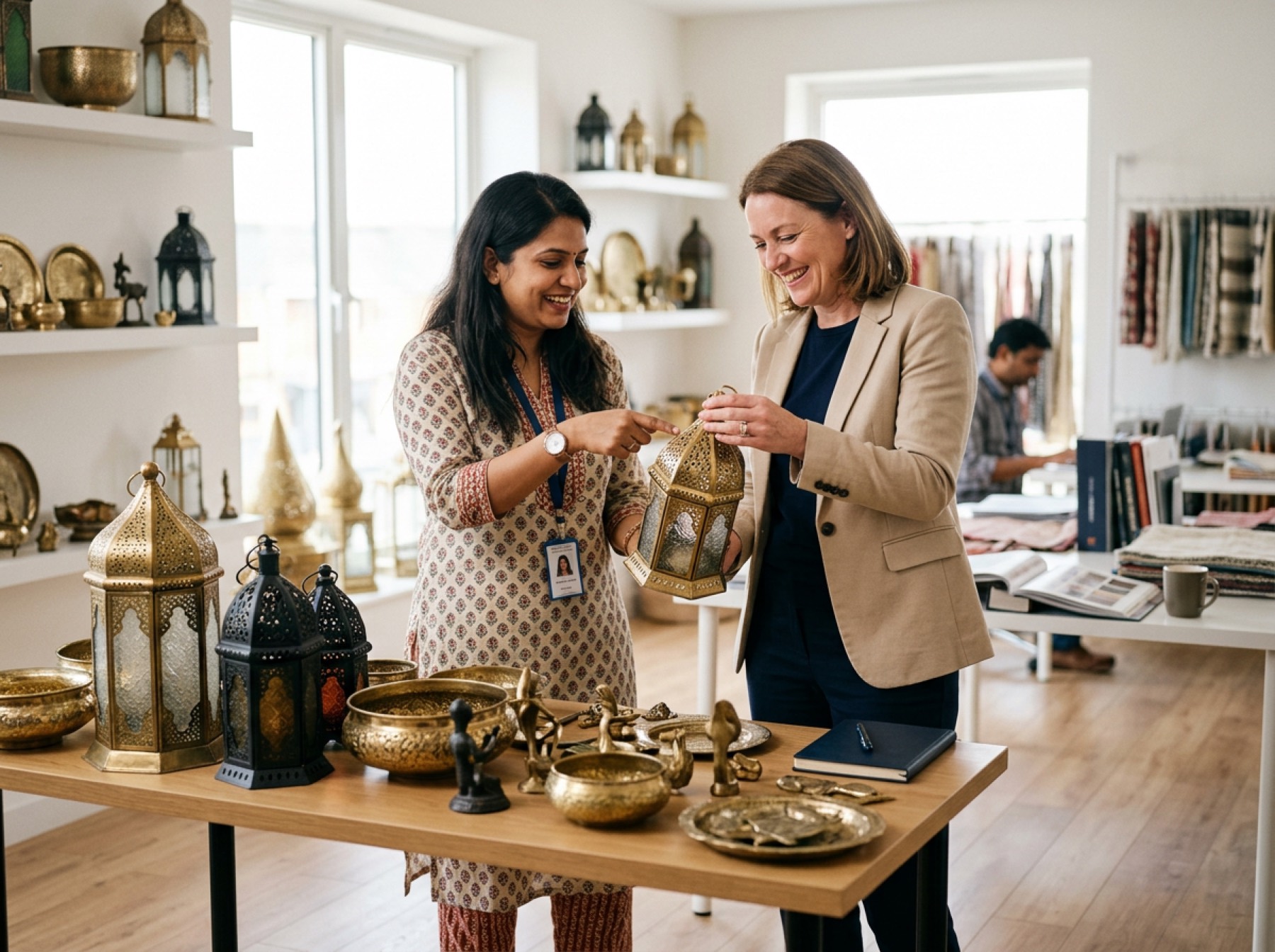 Merchandiser and buyer reviewing brass and metal décor samples