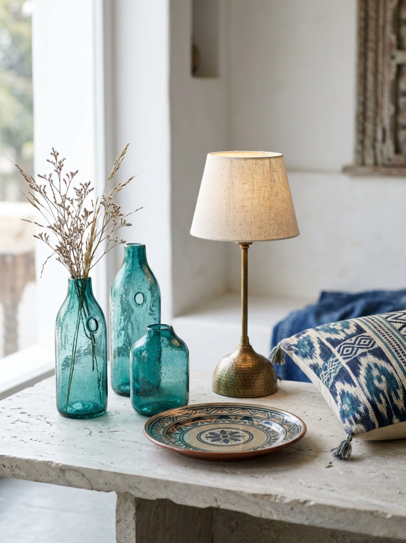 Glass vases, ceramic plate, brass lamp and woven cushion