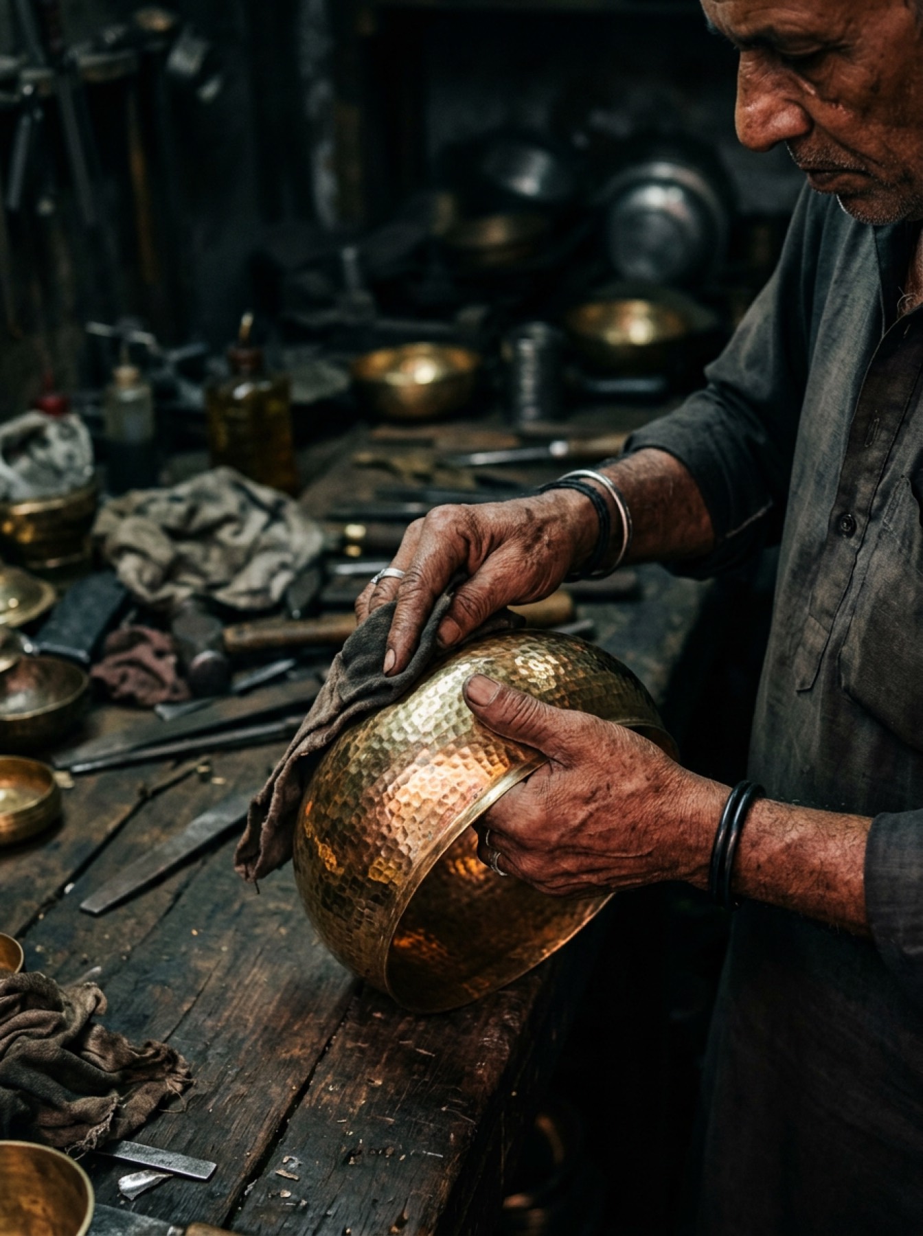 Artisan polishing a hammered brass bowl